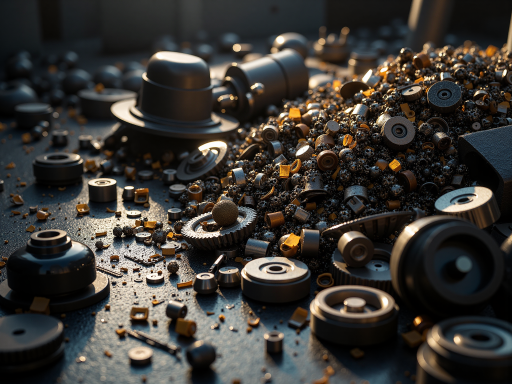 Close-up of automotive spare parts like brake pads, filters, and engine components, workshop environment