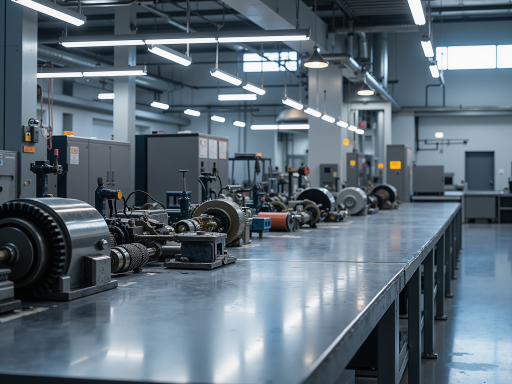 Modern industrial machinery parts, metal components, clean workshop background, professional lighting