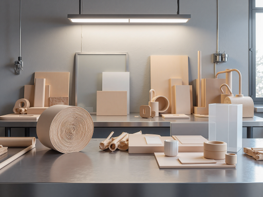 Various plastic products and raw materials, organized display, bright indoor light